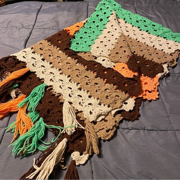 Crochet Knit Afghan Blanket Throw Tassel Handmade Orange Tan 70's Retro funky 90 - Picture 1 of 4